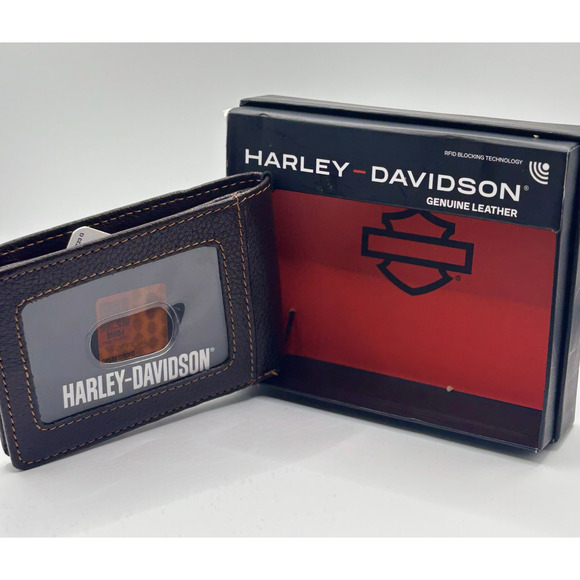 Harley Davidson Mens Genuine Leather RFID Bifold Wallet MWM079/01 Brown - Picture 4 of 13